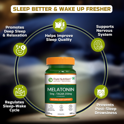 Infographic illustrating the sleep benefits of Pure Nutrition Melatonin, including improved sleep quality, deep relaxation, sleep-wake cycle regulation, nervous system support, and refreshed mornings.
