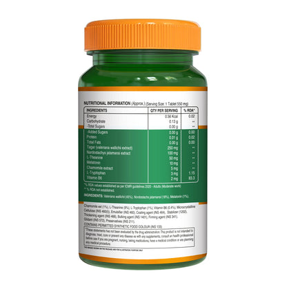 Back label showing the supplement facts, nutritional information, ingredients, dosage, and storage instructions for Pure Nutrition Melatonin tablets.