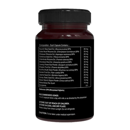 Back label of Menizin herbal capsules showing ingredients, recommended usage, storage instructions, and product information.