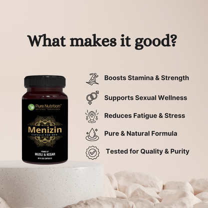 Menizin herbal capsules supporting stamina, strength, vitality, stress reduction, and overall men's wellness with a natural herbal formula.