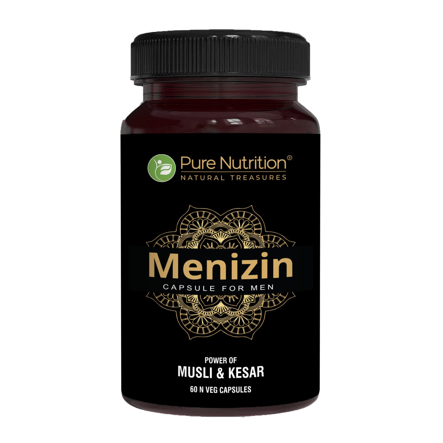 Bottle of Menizin herbal capsules for men formulated with musli, kesar, and Ayurvedic herbs to support men's vitality and wellness.