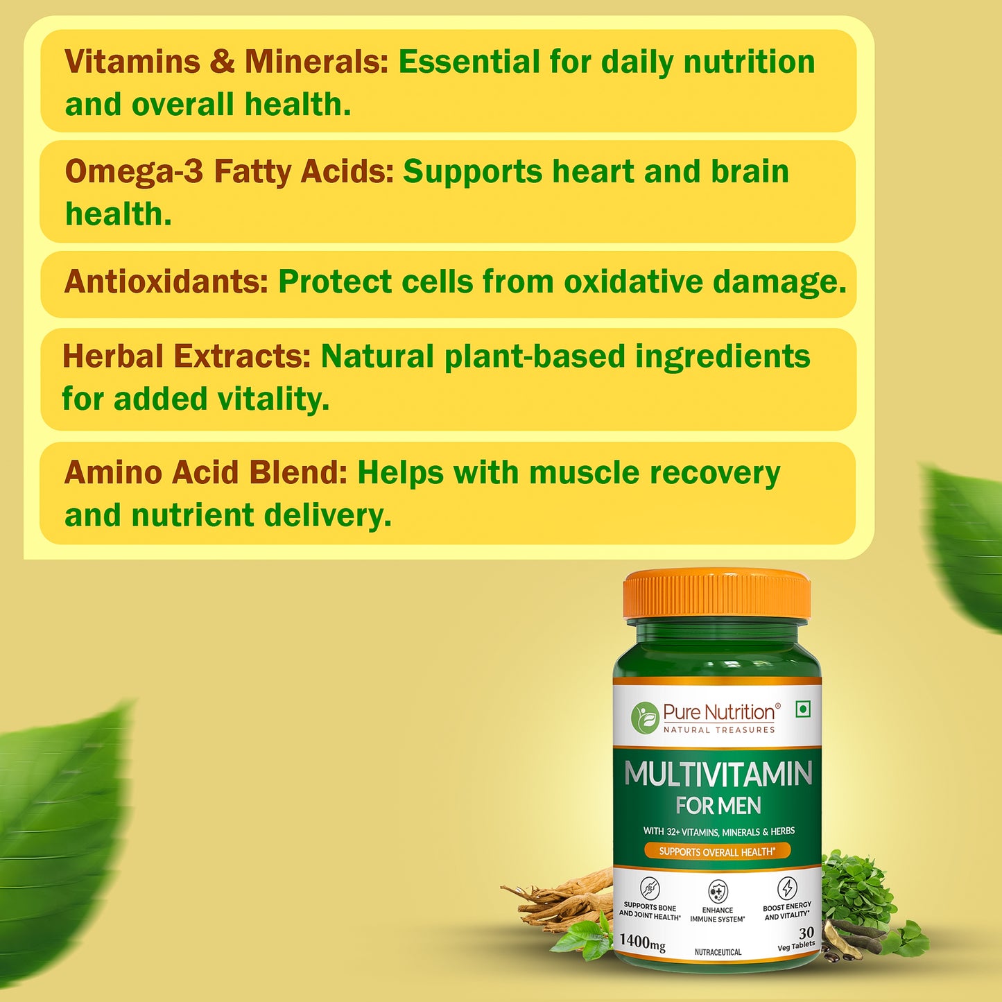 Multivitamin for Men | 32+ Vitamins, Minerals & Herbal Extracts | Daily Nutritional Support