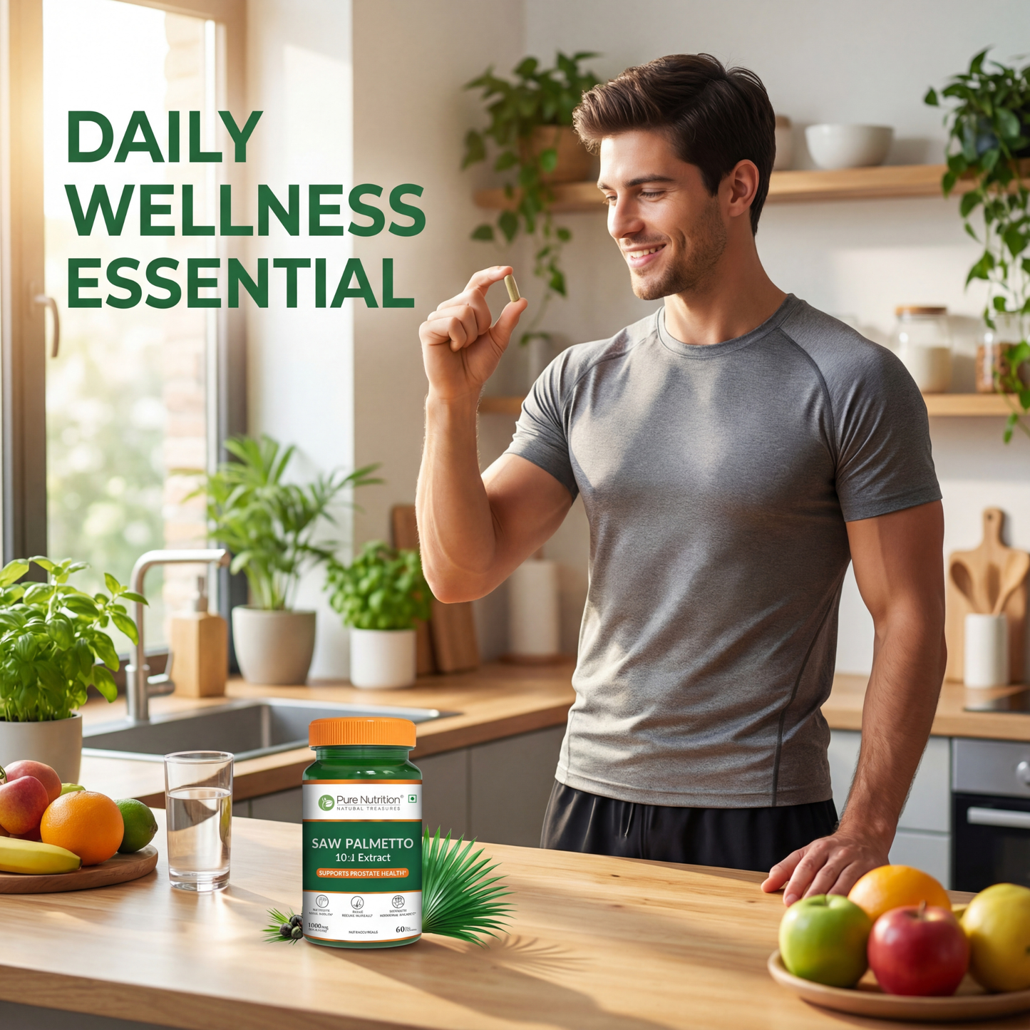 Man taking his daily wellness essential Pure Nutrition Saw Palmetto capsule in a bright kitchen setting.