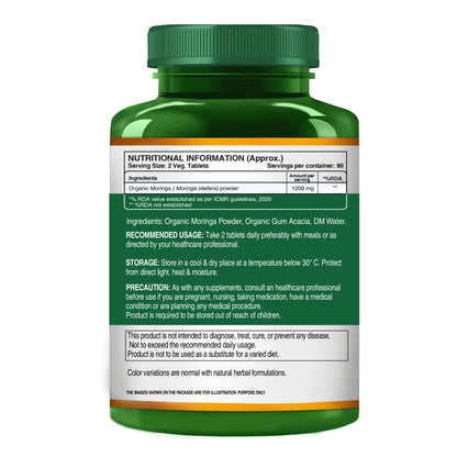 Organic Moringa Tablets 1200mg | Supports Immunity, Digestion & Energy | 180 Tablets