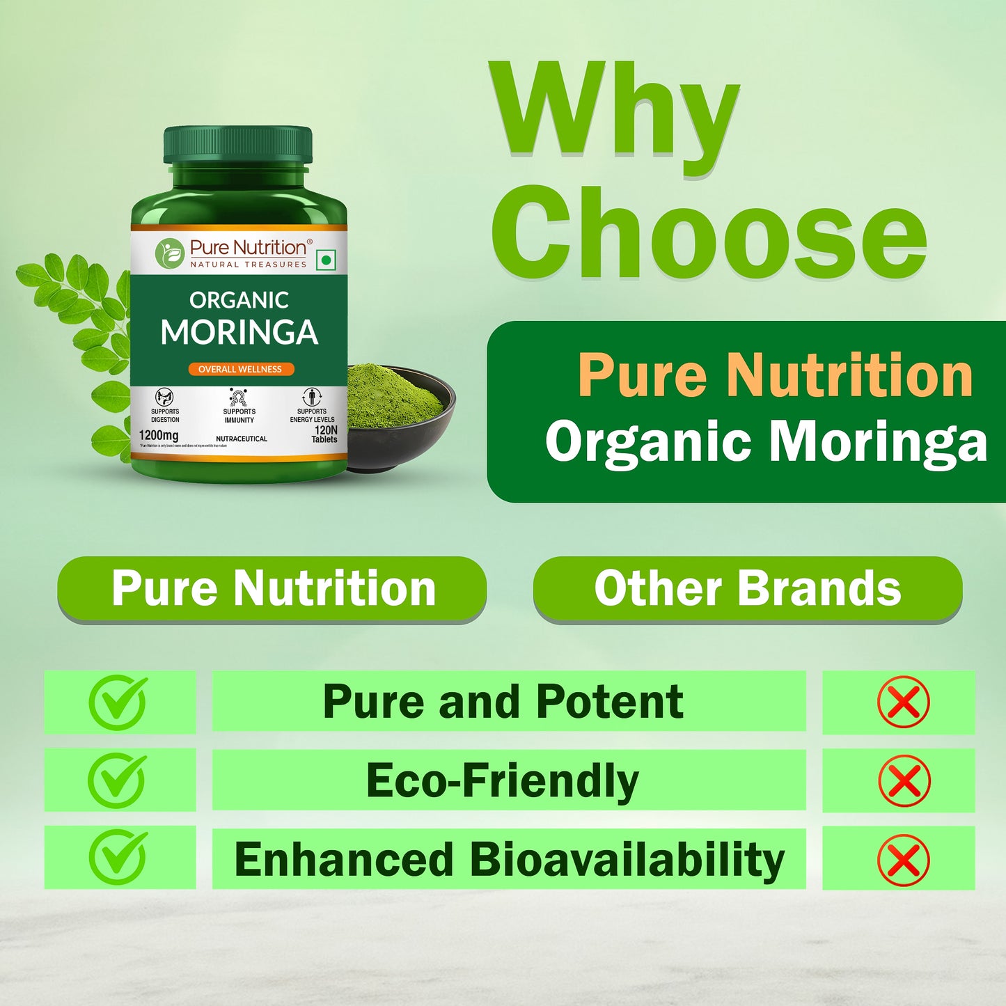 Organic Moringa 1200mg | Organic Moringa Leaf Powder Tablets | Plant-Based Daily Wellness Support