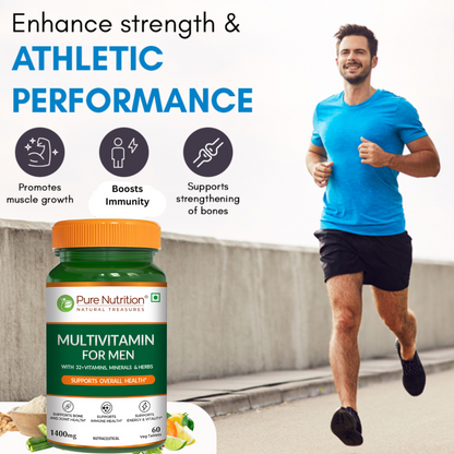 Pure Nutrition Multivitamin for Men supports athletic performance, immunity, muscle growth and bone strength.