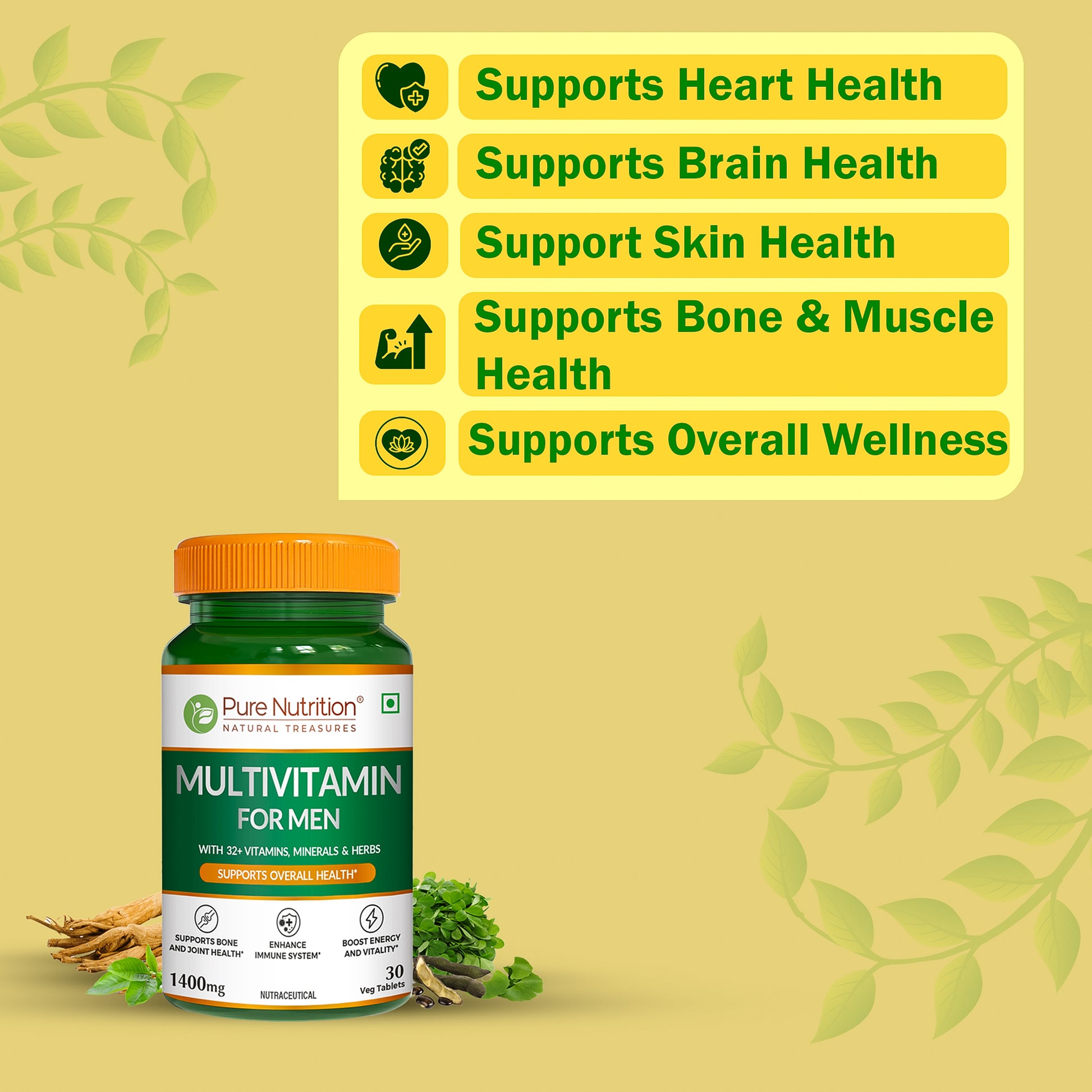 Pure Nutrition Multivitamin for Men supporting heart health, brain function, skin health, bone strength, muscle health and overall wellness.