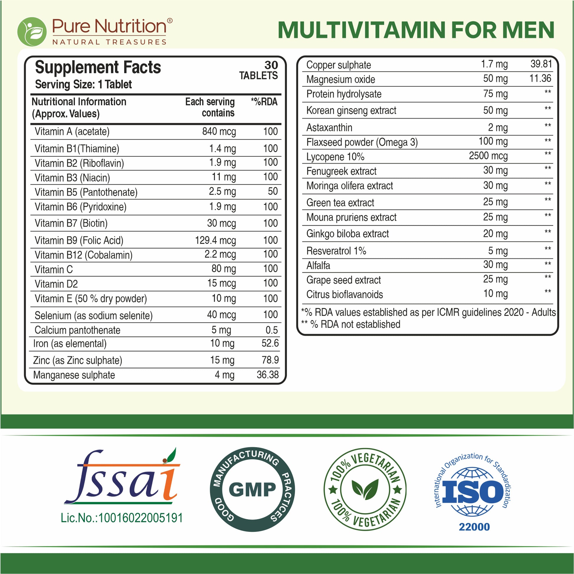 Supplement facts panel for Pure Nutrition Multivitamin for Men showing vitamins, minerals, herbal extracts and nutritional information.