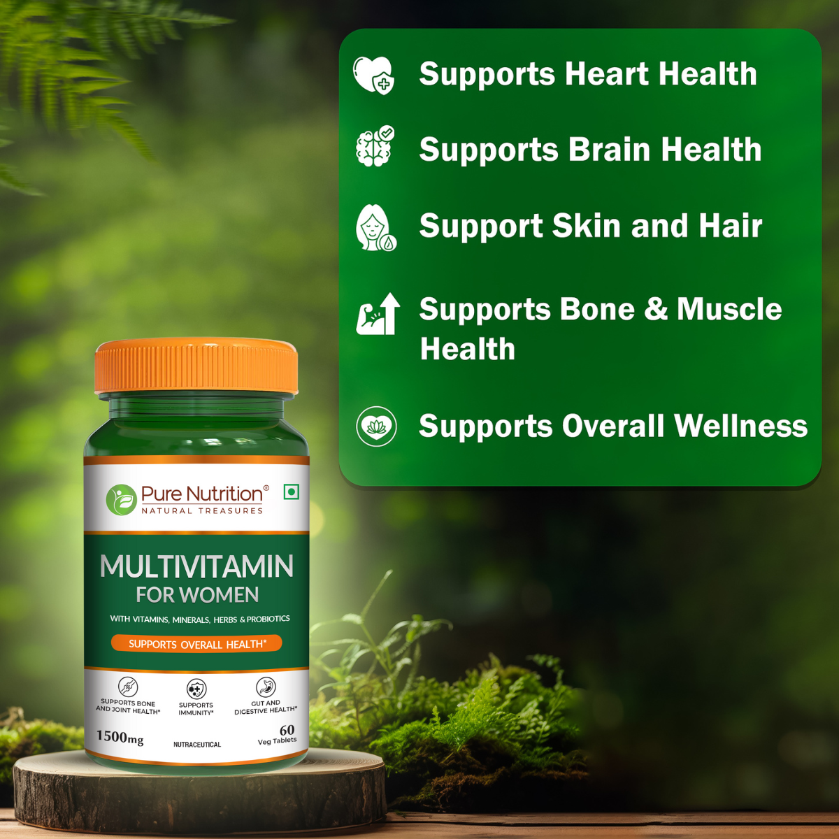 Pure Nutrition Multivitamin for Women supports heart, brain, skin, hair, bone and muscle health.
