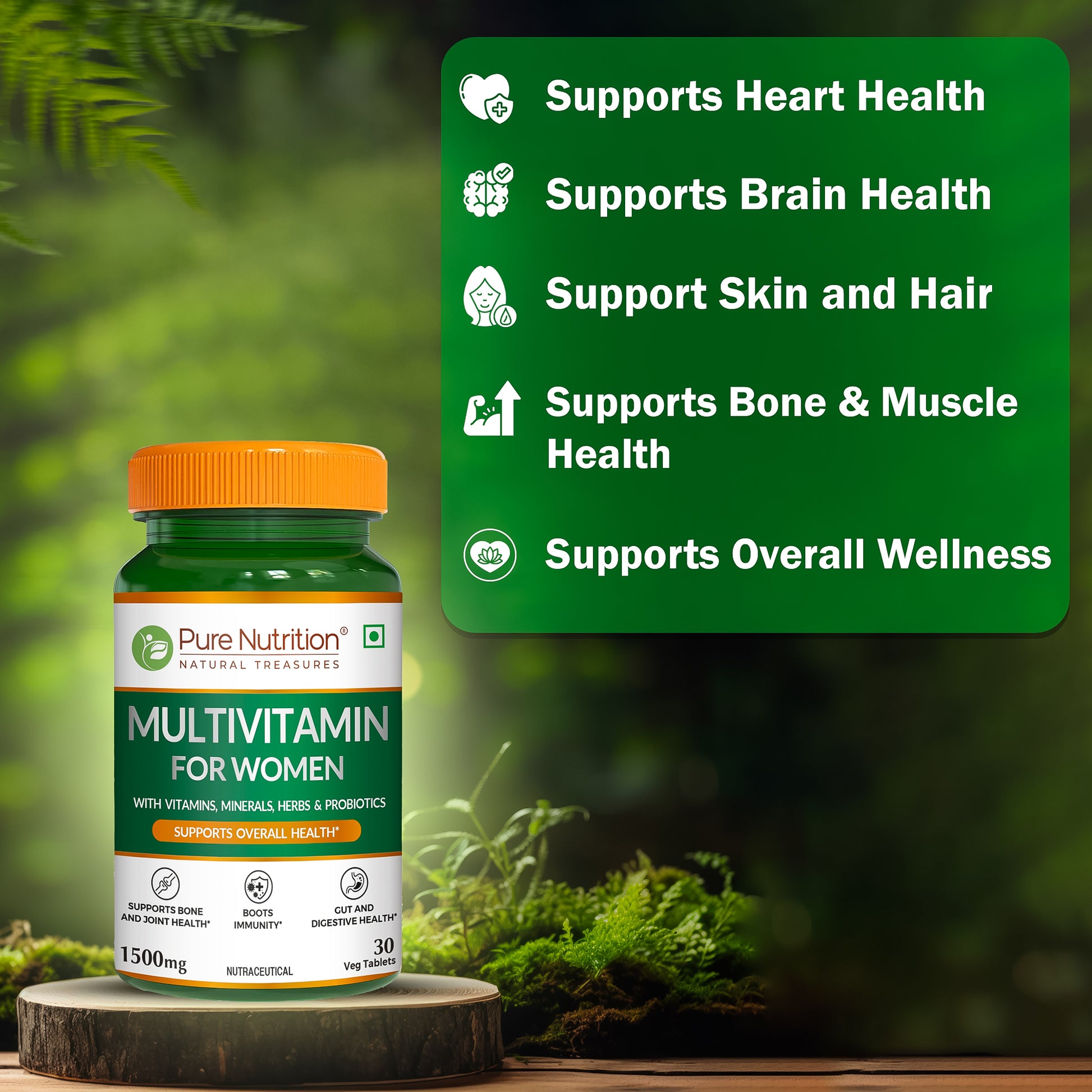 Pure Nutrition Multivitamin for Women supports heart, brain, skin, hair, bone and muscle health.