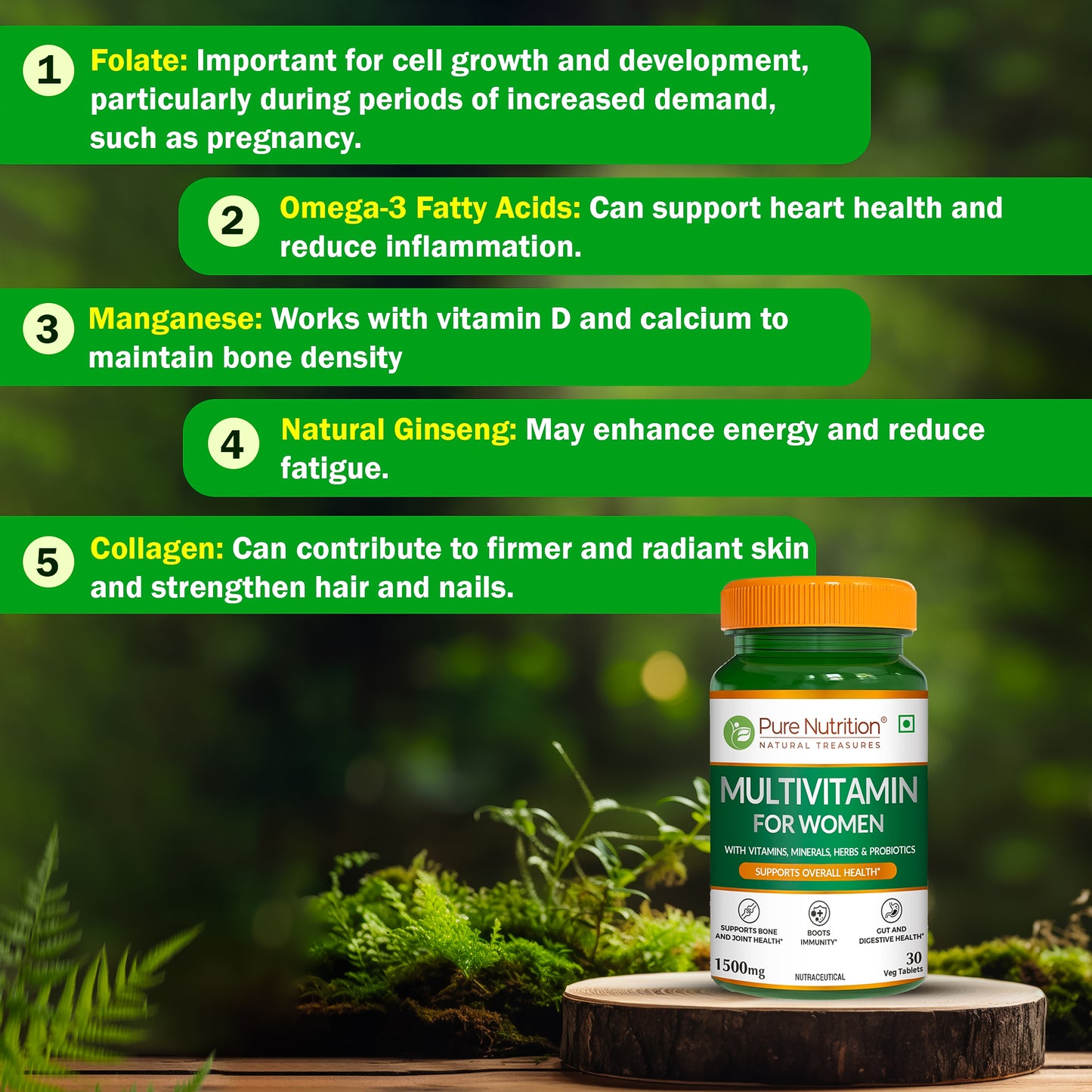 Pure Nutrition Multivitamin for Women with folate, omega-3, collagen, ginseng and manganese.