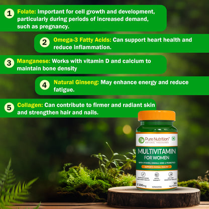 Pure Nutrition Multivitamin for Women with folate, omega-3, collagen, ginseng and manganese.
