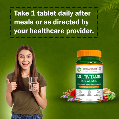 Recommended usage of Pure Nutrition Multivitamin for Women: take one tablet daily after meals.