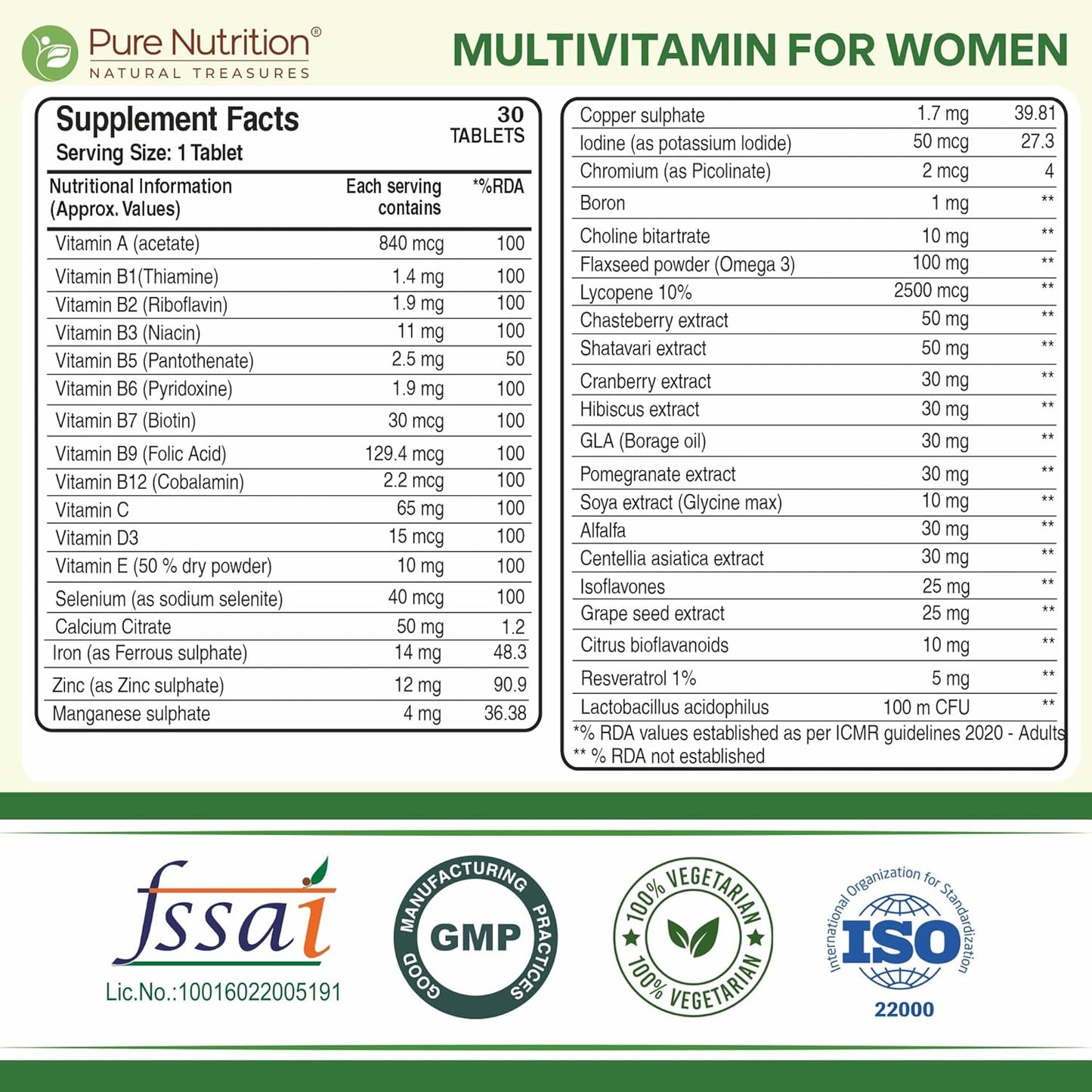 Supplement facts and nutritional ingredients of Pure Nutrition Multivitamin for Women tablets.