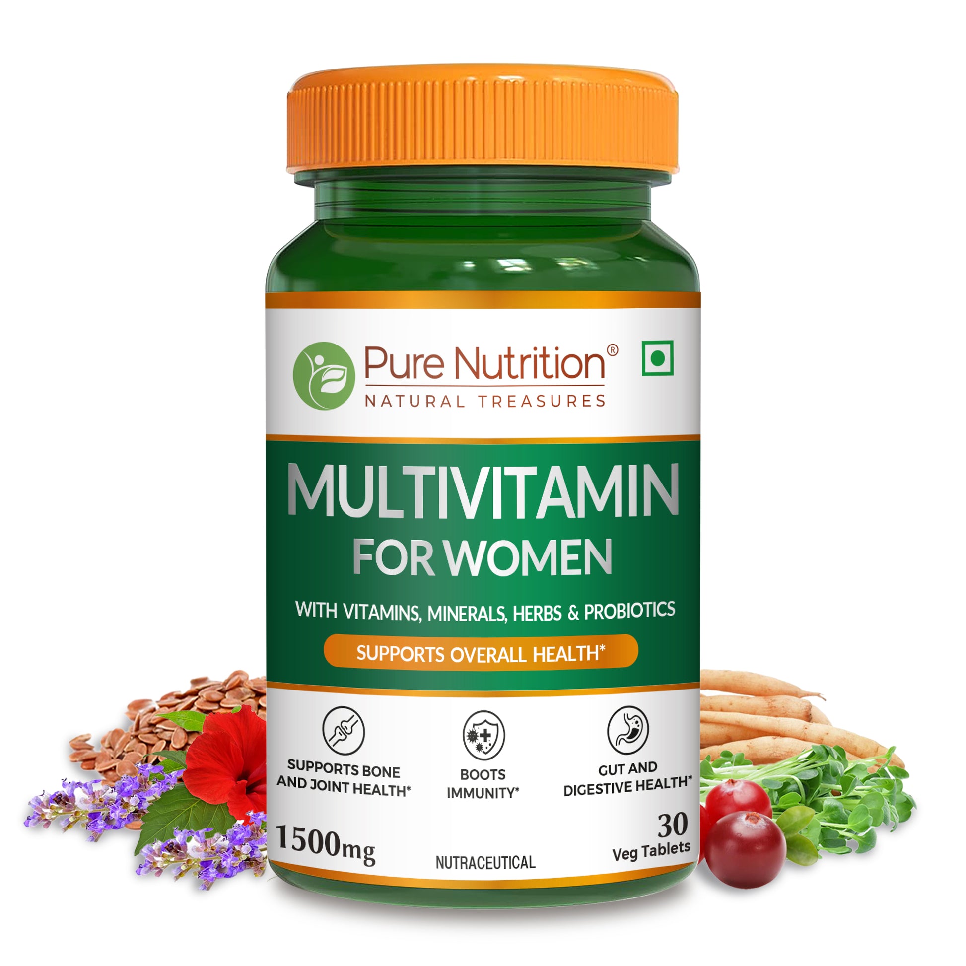 Pure Nutrition Multivitamin for Women with natural herbs, probiotics and essential nutrients.