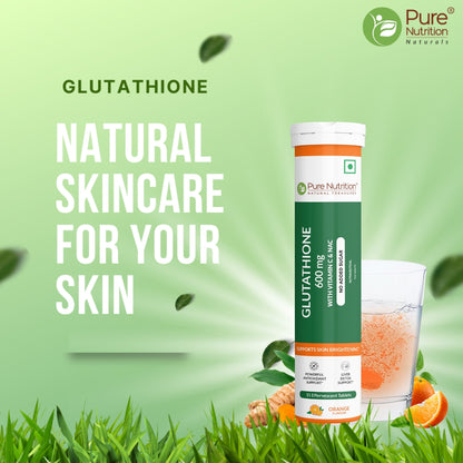 Pure Nutrition Glutathione effervescent tablets with Vitamin C and NAC for natural skincare, skin brightening and antioxidant protection.