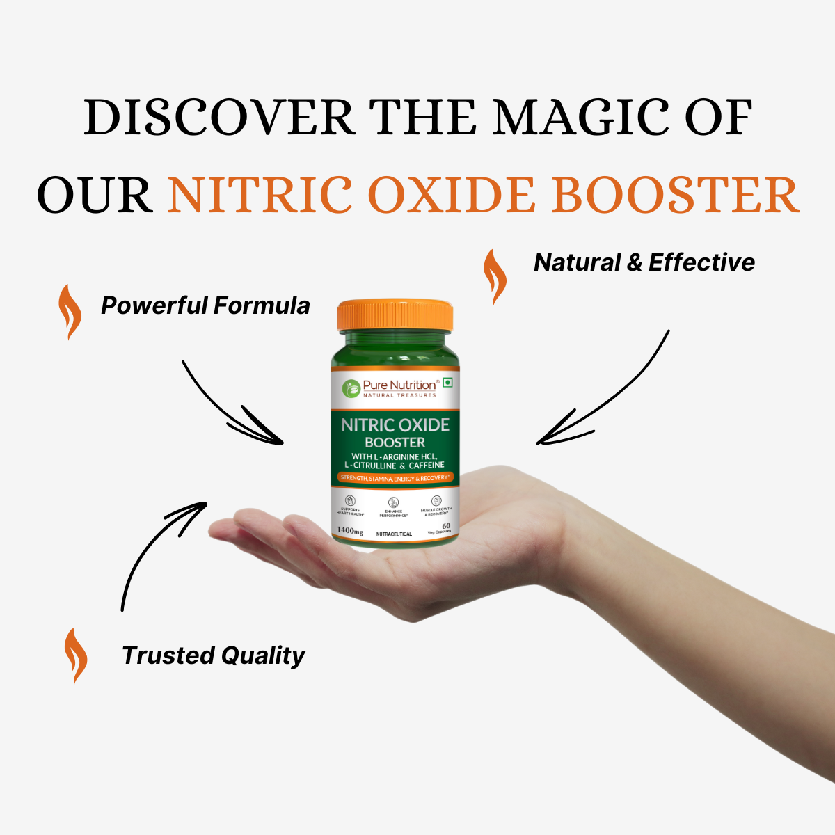 Pure Nutrition Nitric Oxide Booster – L-Arginine HCL, L-Citrulline & Caffeine – Strength, Stamina, Energy & Recovery – 60 Veg Capsules