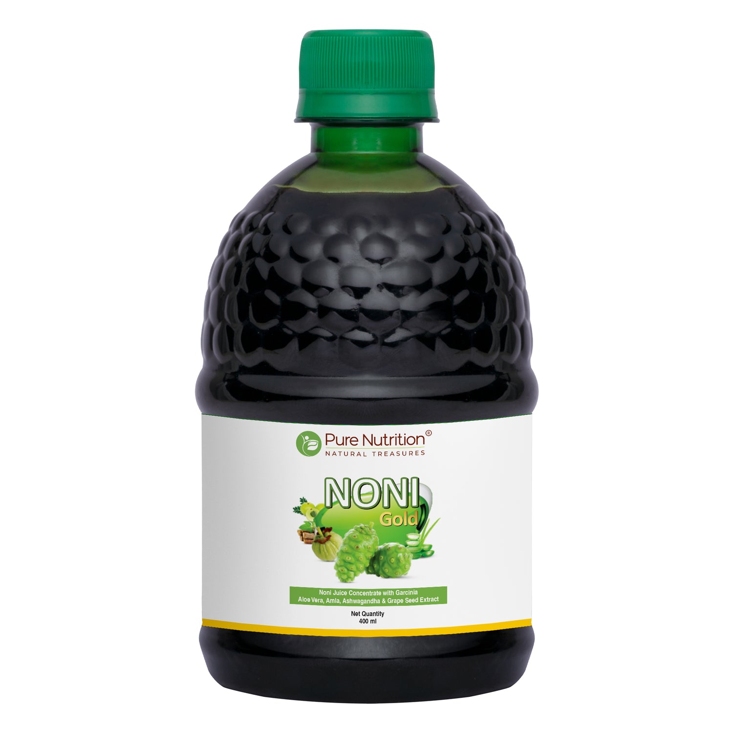 Bottle of Noni Gold herbal juice made with noni fruit and Ayurvedic herbs to support overall health and wellness.