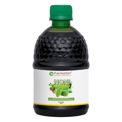 Bottle of Noni Gold herbal juice made with noni fruit and Ayurvedic herbs to support overall health and wellness.