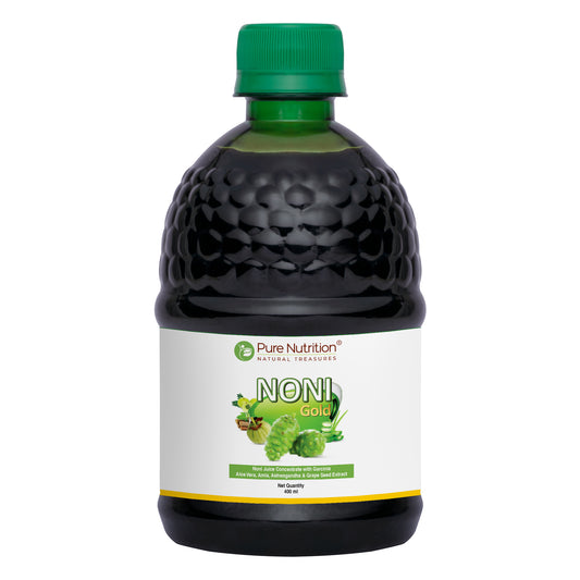 Bottle of Noni Gold herbal juice made with noni fruit and Ayurvedic herbs to support overall health and wellness.