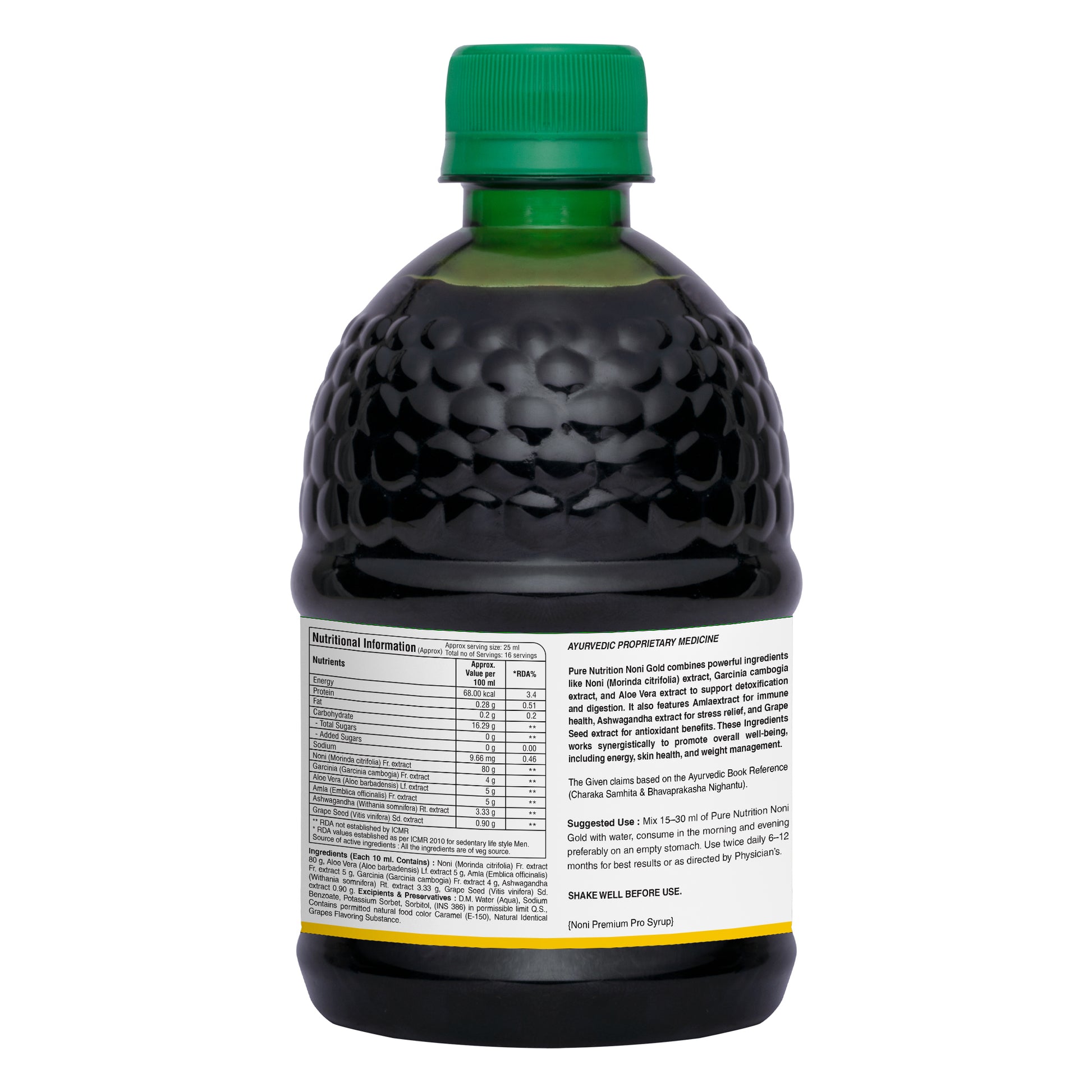 Back label of Noni Gold herbal juice displaying nutrition facts, ingredients, usage directions, and product information.