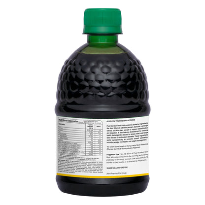 Back label of Noni Gold herbal juice displaying nutrition facts, ingredients, usage directions, and product information.