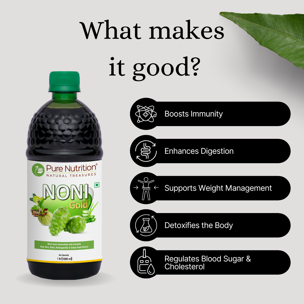 Noni Gold herbal juice supporting immunity, digestion, weight management, detoxification, and healthy blood sugar balance.