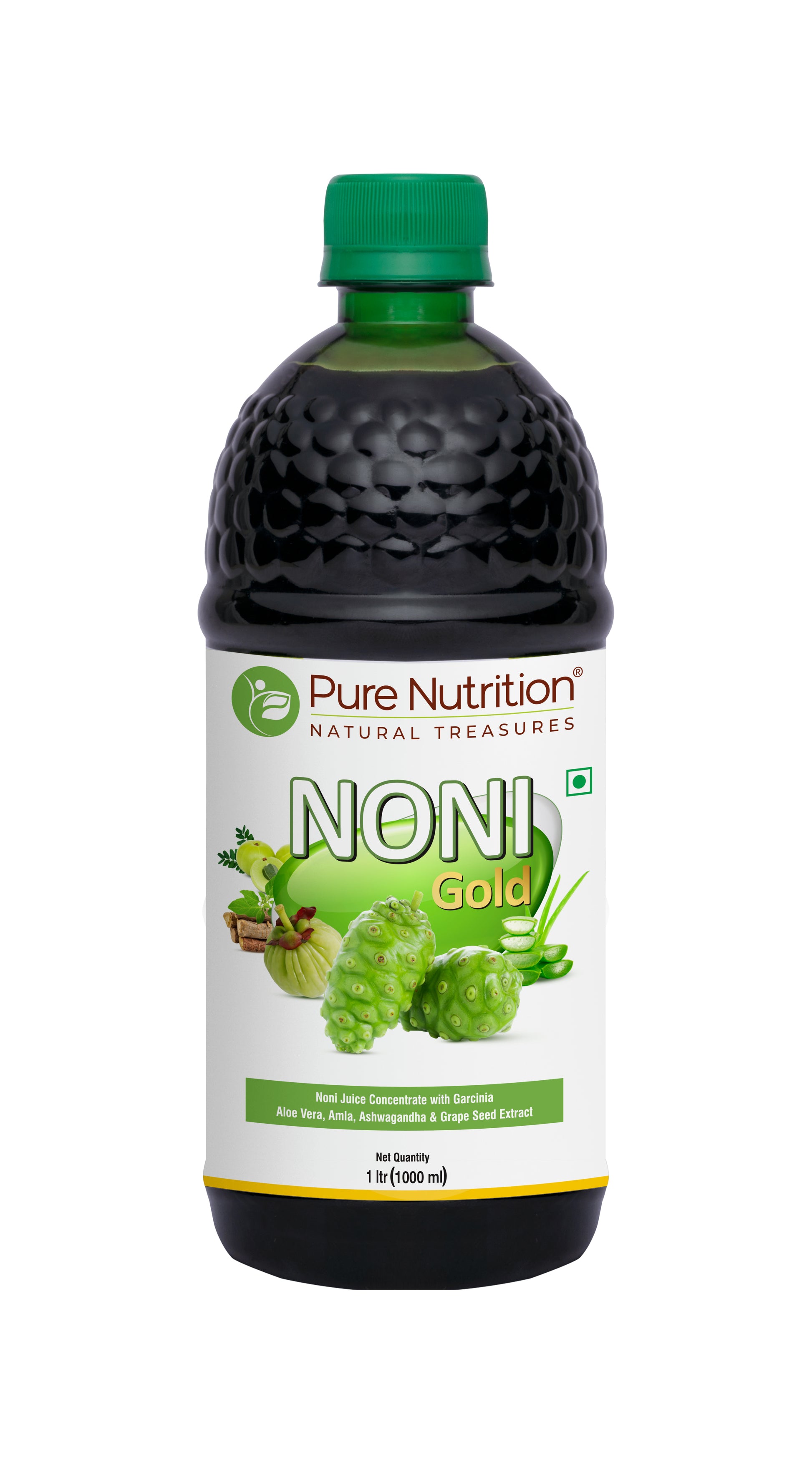 Front view of Noni Gold herbal juice bottle made with noni fruit and Ayurvedic herbal extracts.