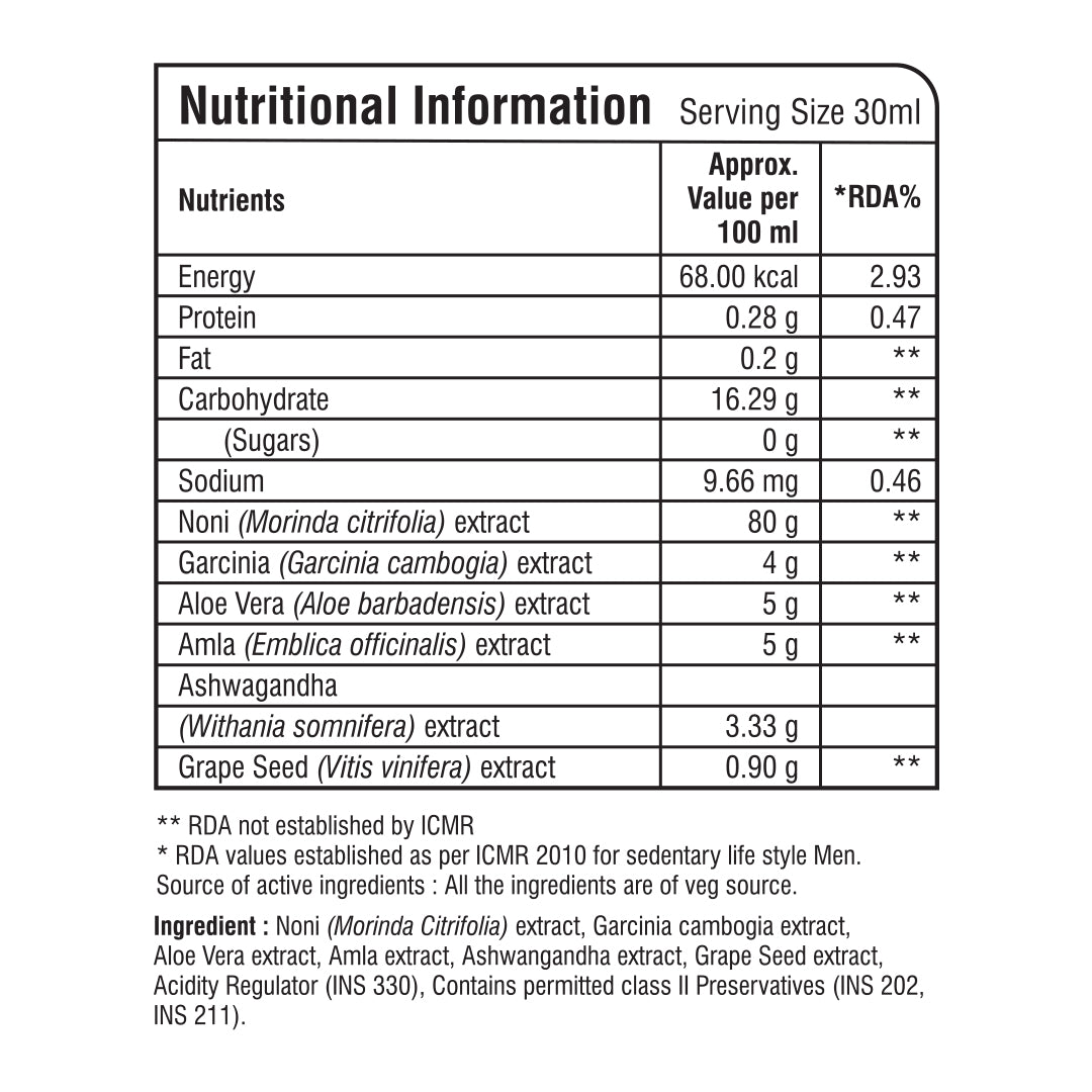 Nutrition facts panel of Noni Gold herbal juice showing ingredients, nutrients, and serving information.