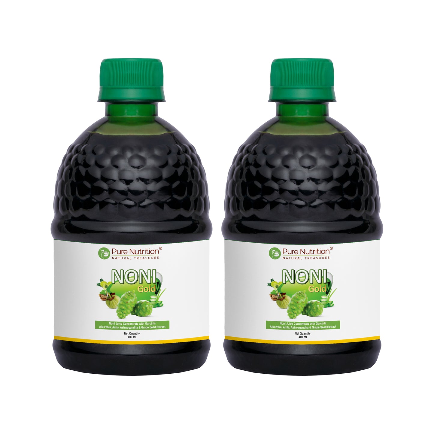 Pack of two Noni Gold herbal juice bottles for convenient daily wellness and immunity support.