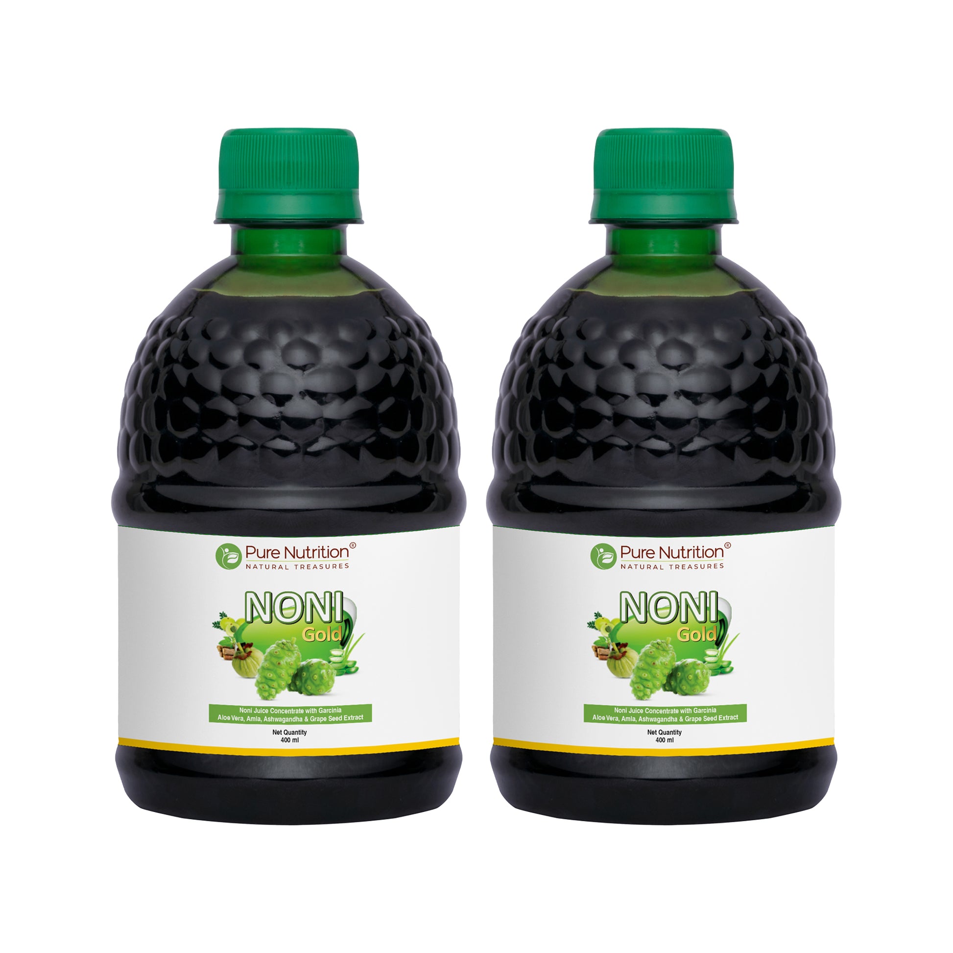 Pack of two Noni Gold herbal juice bottles for convenient daily wellness and immunity support.
