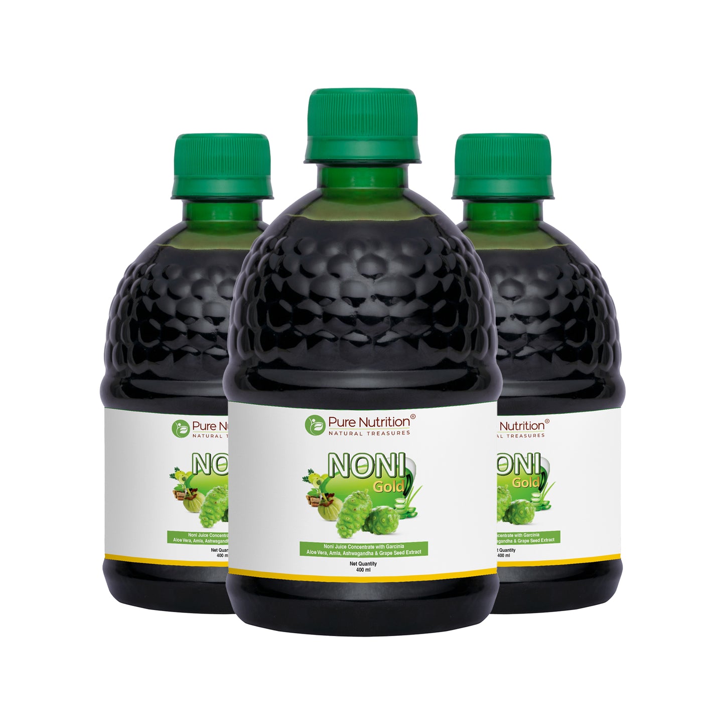 Pack of three Noni Gold herbal juice bottles for long-term daily health and antioxidant support.