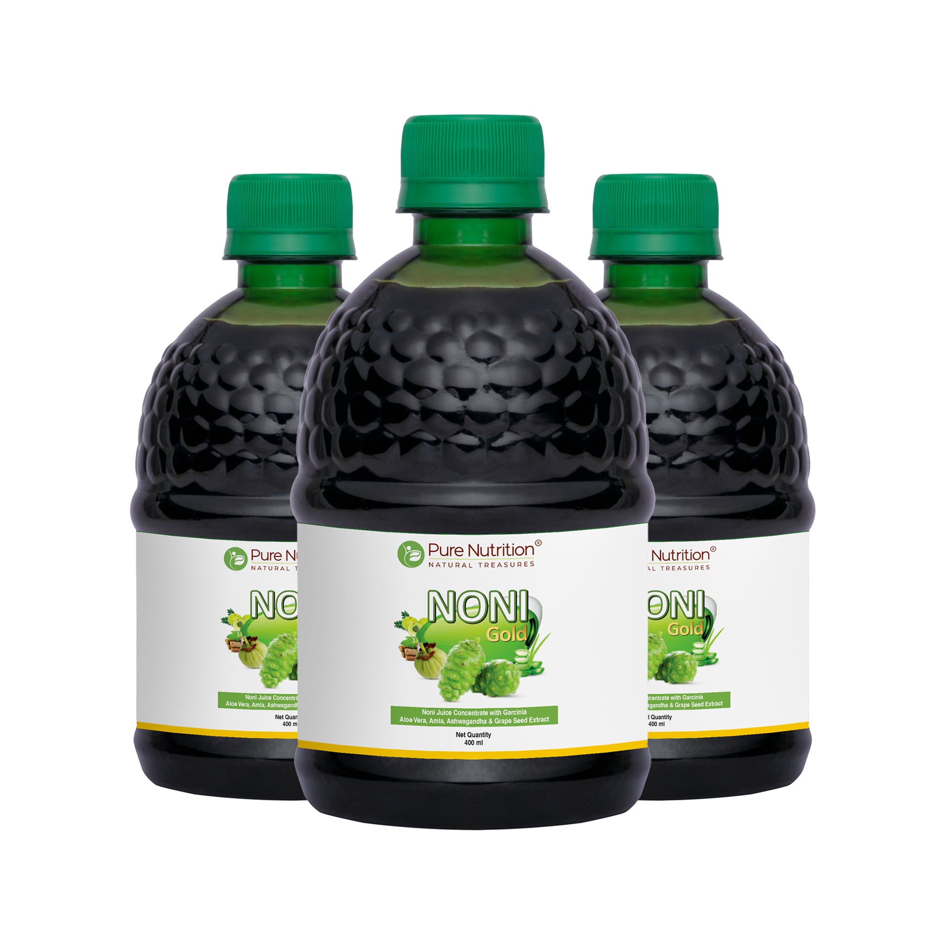 Pack of three Noni Gold herbal juice bottles for long-term daily health and antioxidant support.
