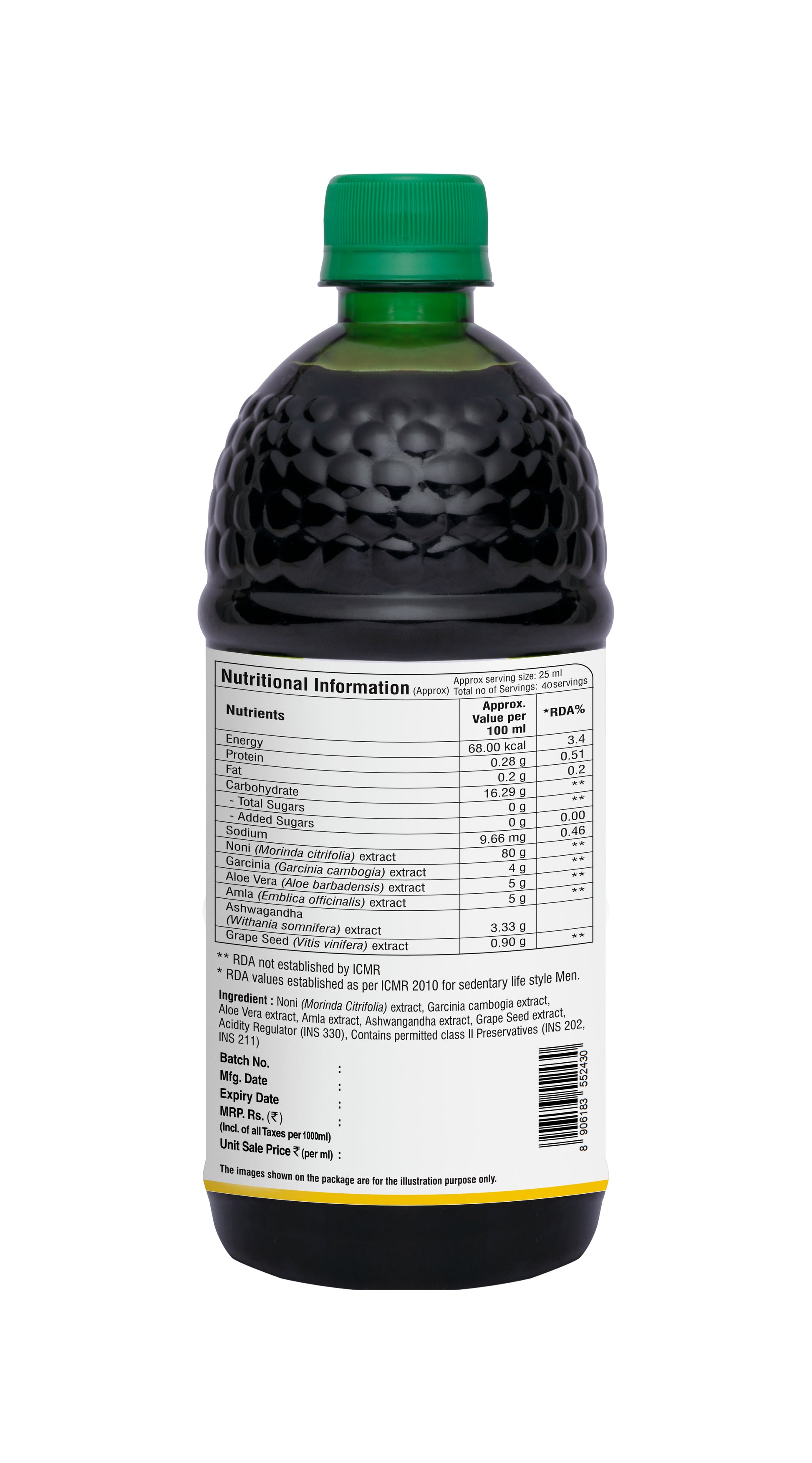 Product information label of Noni Gold herbal juice with nutritional details, ingredients, storage instructions, and manufacturer information.