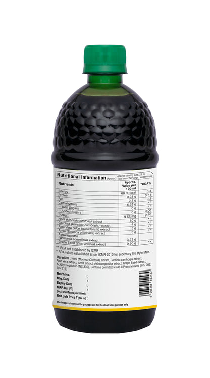 Product information label of Noni Gold herbal juice with nutritional details, ingredients, storage instructions, and manufacturer information.