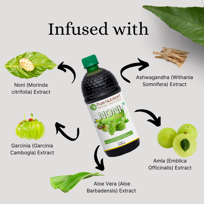 Noni Gold herbal juice with noni, amla, aloe vera, ashwagandha, and garcinia extracts for daily wellness support.