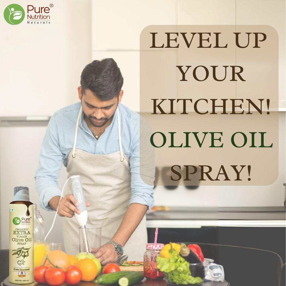 Pure Nutrition Olive Oil Cooking Spray 200ml | 100% Organic, Extra Virgin, Cold Pressed, Natural; Cook Healthy with 10X LESS Oil | Ideal for Dressing, Baking, Air-Frying | Good for Skin, Hair & Massage