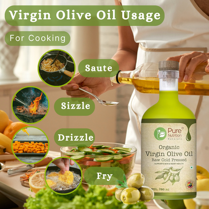 Organic Virgin Olive Oil - 750ml Glass Bottle | 100% Pure and Edible | Ideal for Salads, Garnishing, and Skin & Hair Care