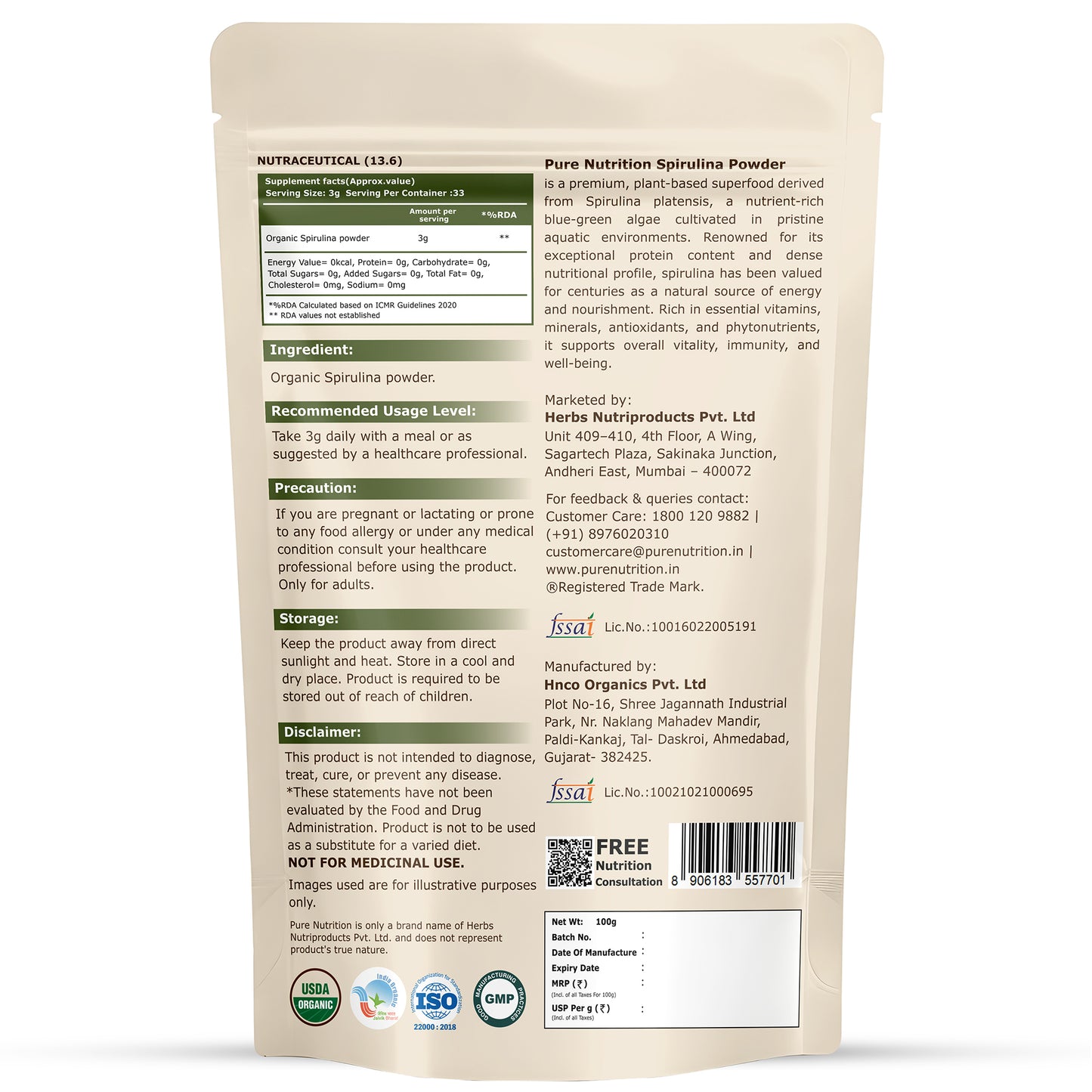 Organic Spirulina Powder | Single Ingredient Superfood | 100g