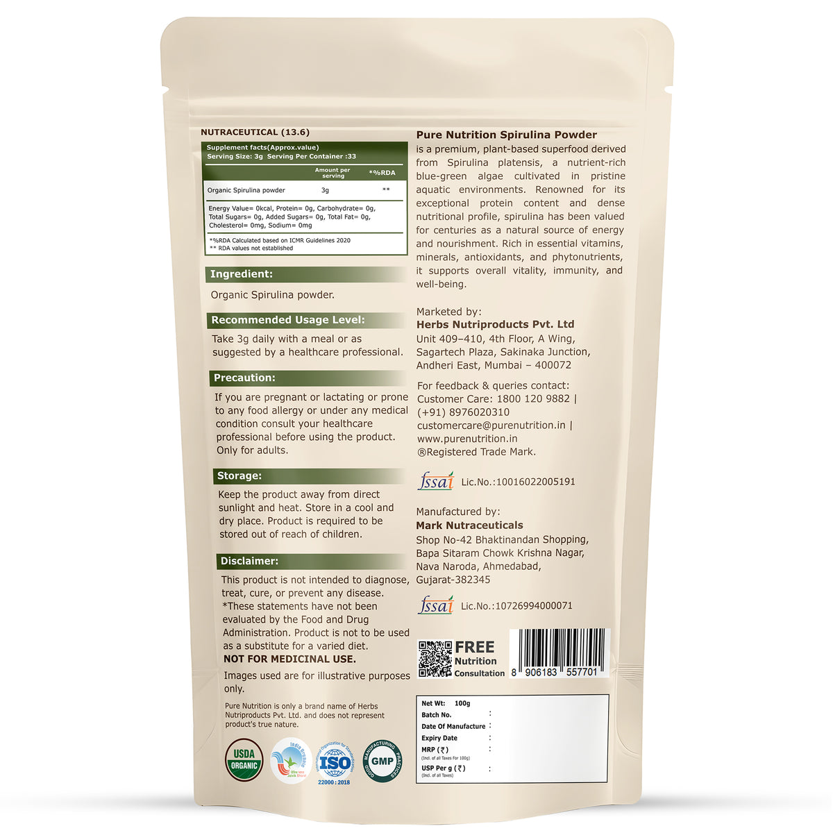 Organic Spirulina Powder | Single Ingredient Superfood | 100g