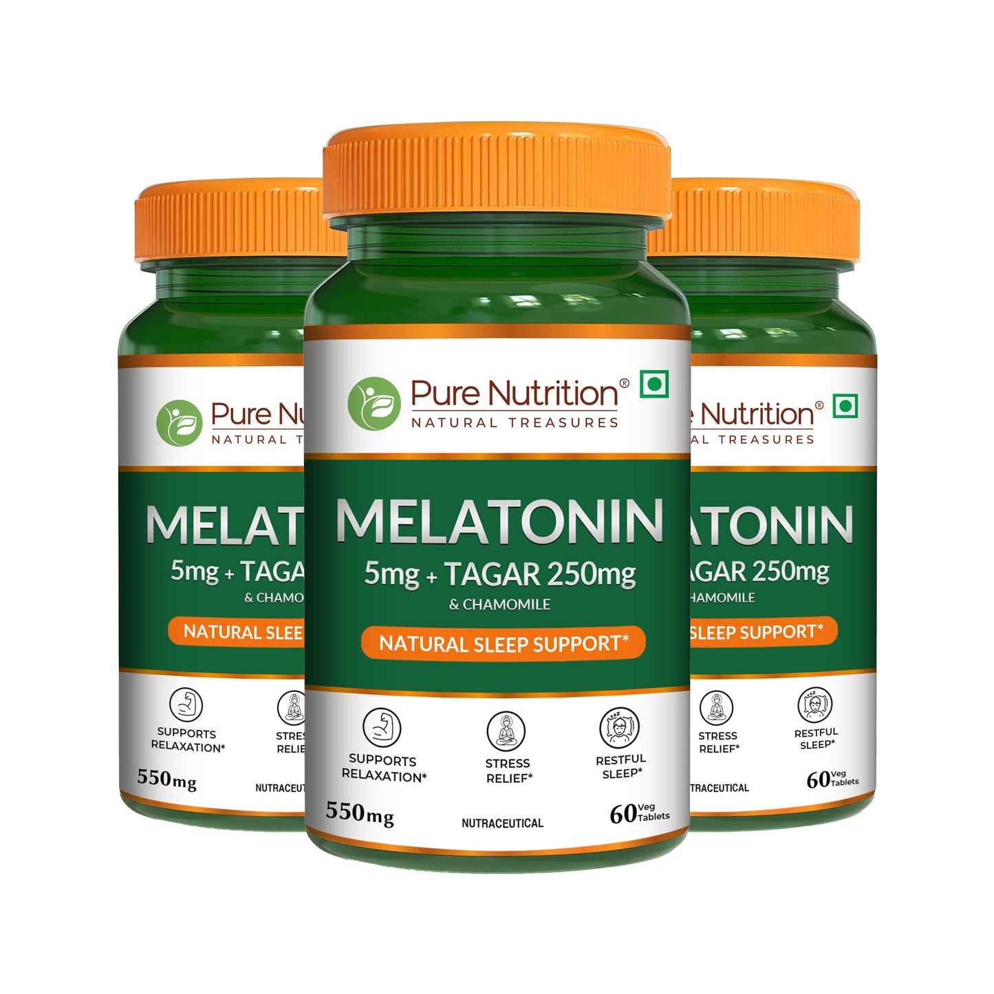Pure Nutrition Melatonin with Tagar, Chamomile & L-Theanine – 60 Veg Tablets