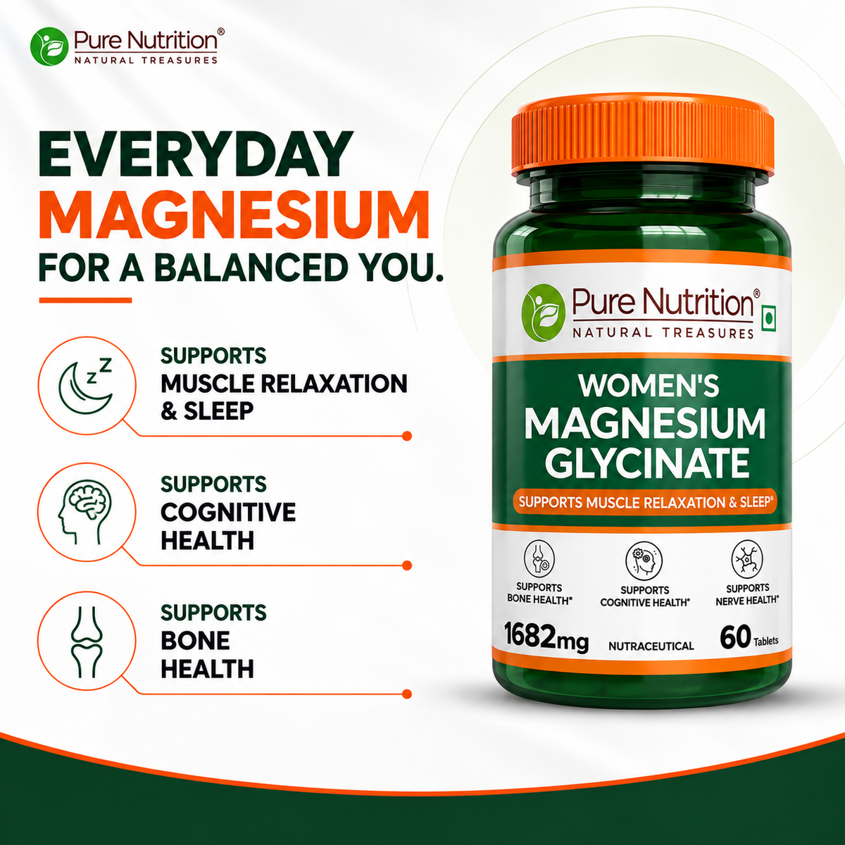 Women’s Magnesium Glycinate 60 Tablets | 370mg Elemental Magnesium + Vitamin D3 & B12
