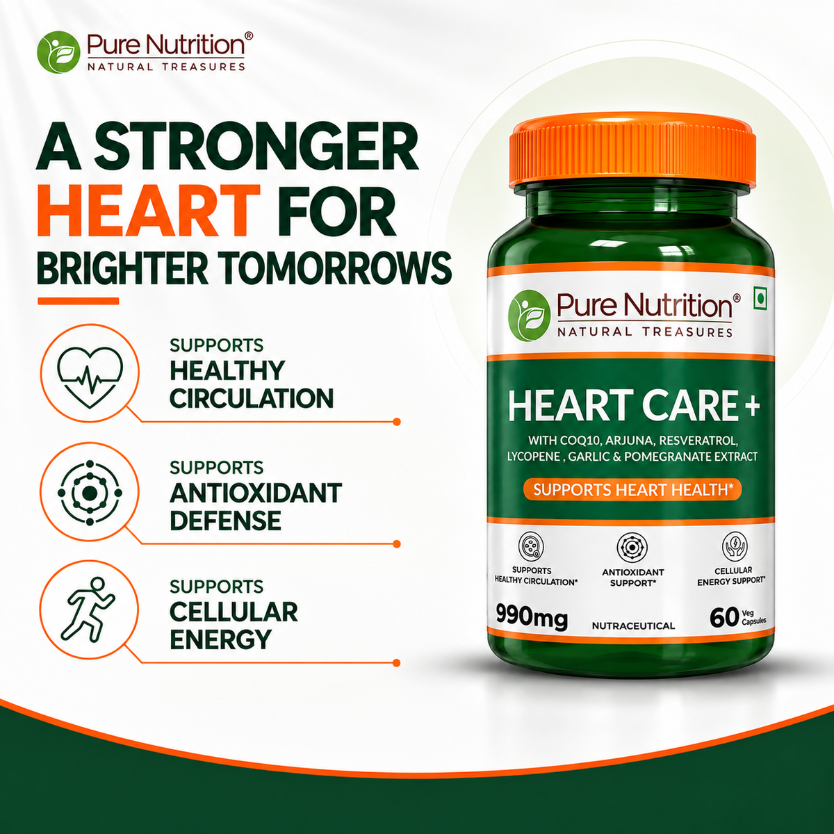 Heart Care+ 60 Veg Capsules | CoQ10, Arjuna, Resveratrol, Lycopene & Botanical Extracts