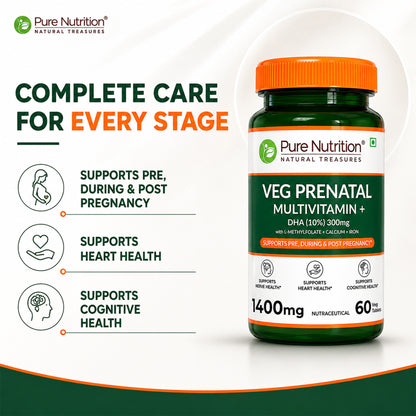 Veg Prenatal Multivitamin + DHA 300mg | With L-Methylfolate, Iron & Calcium | 60 Veg Tablets