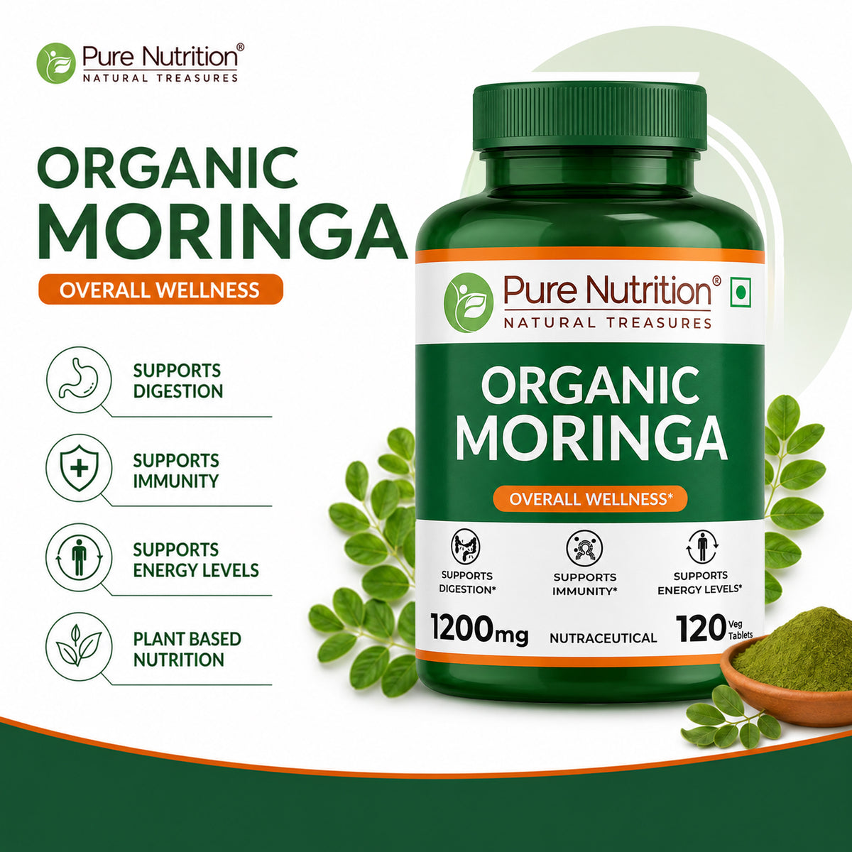 Organic Moringa Tablets 1200mg | Supports Immunity, Digestion & Energy | 120 Tablets