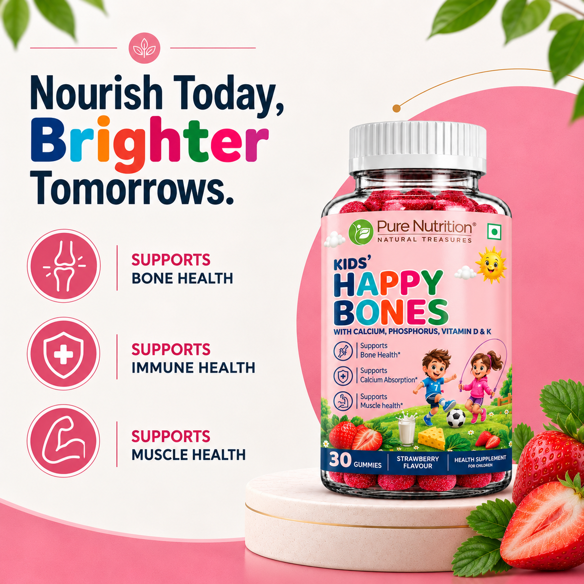 Kids’ Happy Bones Gummies with Calcium, Phosphorus, Vitamin D & K | Strawberry Flavour | 30 Gummies