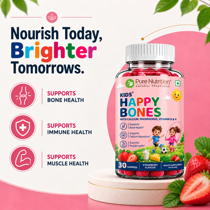 Kids’ Happy Bones Gummies with Calcium, Phosphorus, Vitamin D & K | Strawberry Flavour | 30 Gummies