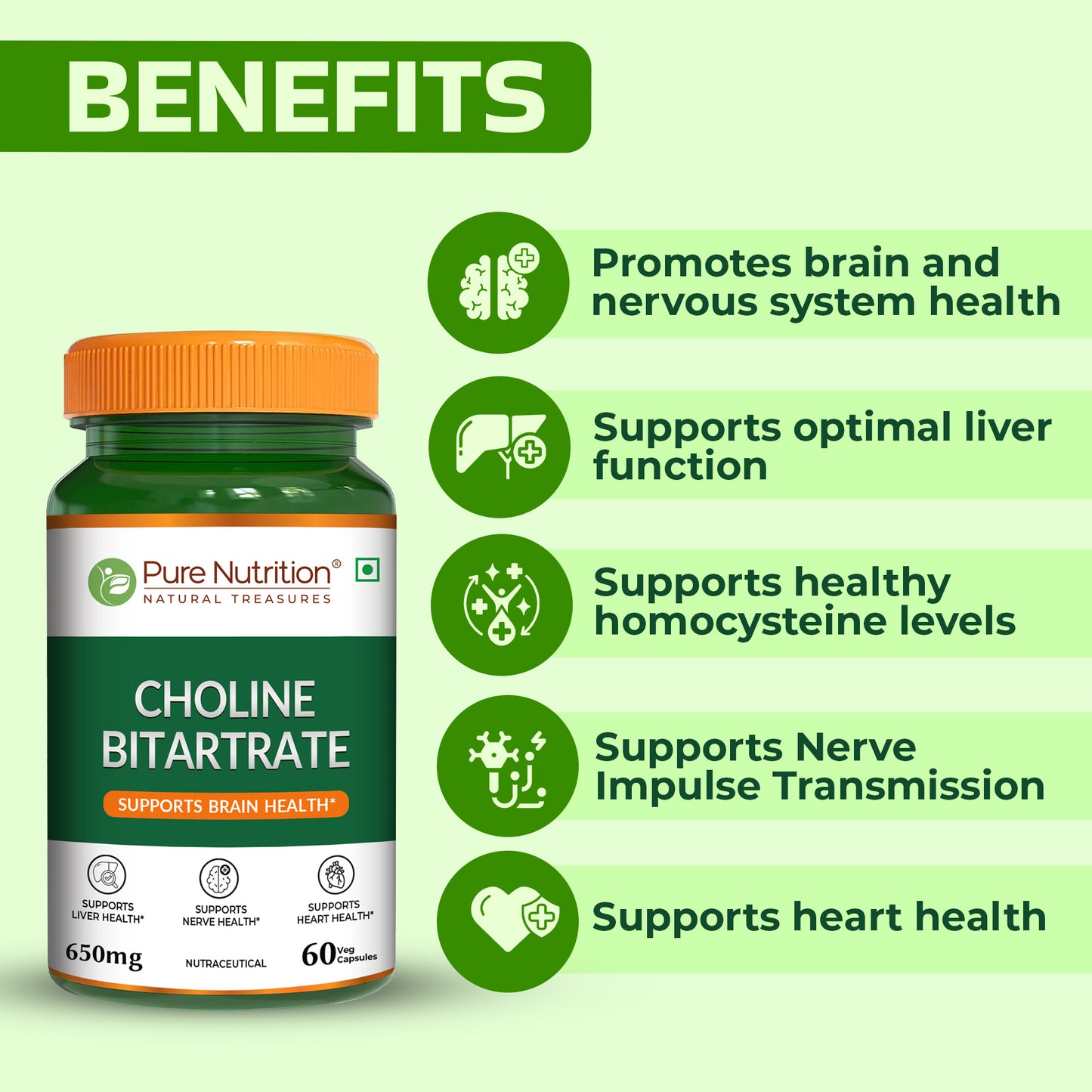 Pure Nutrition Choline Bitartrate 650mg | 60 Veg Capsules | Brain & Nerve Support