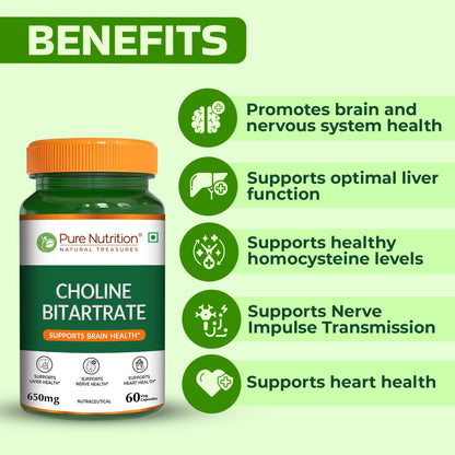 Pure Nutrition Choline Bitartrate 650mg | 60 Veg Capsules | Brain & Nerve Support