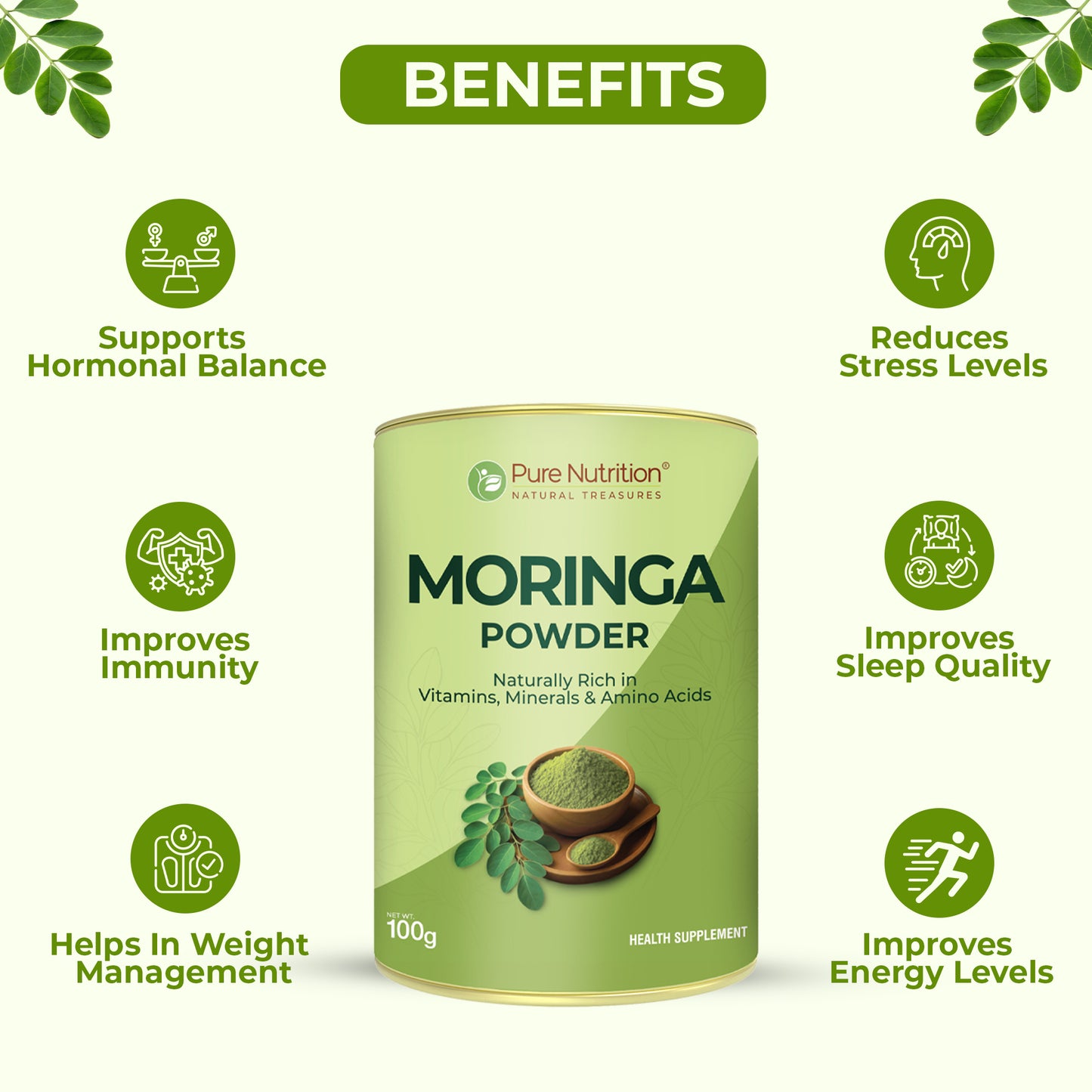 Pure Nutrition Moringa Powder – Naturally Rich in Vitamins, Minerals & Amino Acids (100g)